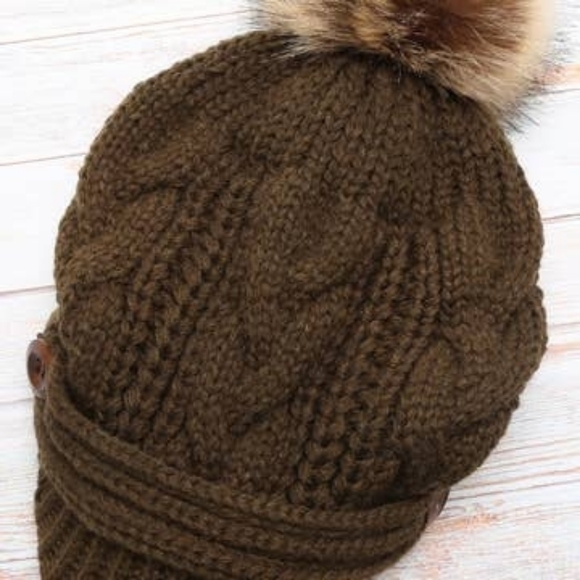 Olive Chunky Cable Knit Pom Pom Visor Beanie - Picture 2 of 2